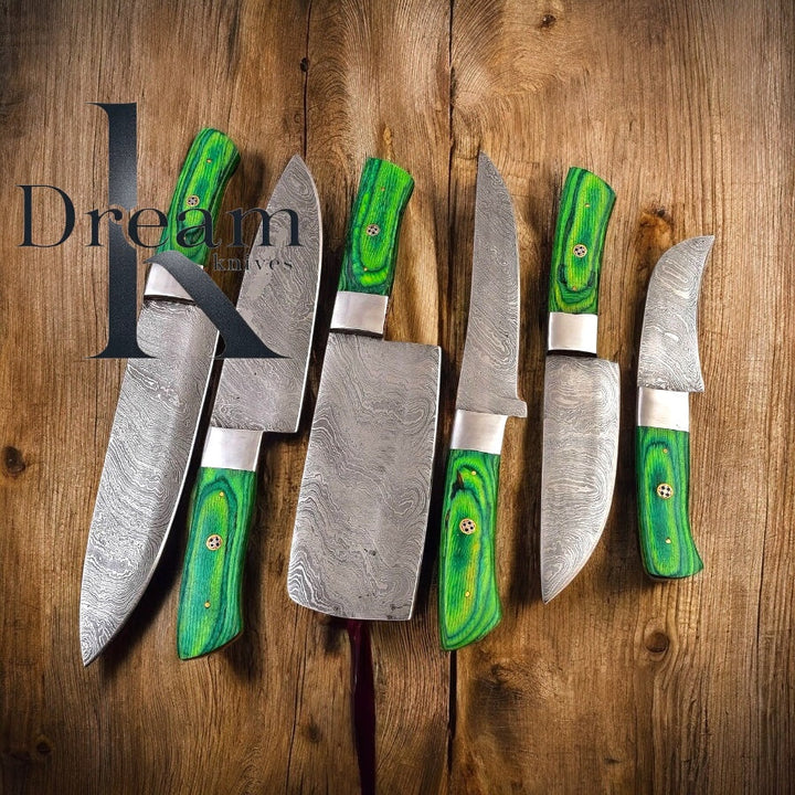 Japanese 13" Damascus Knife Set – Pakkawood Handles & Leather Roll