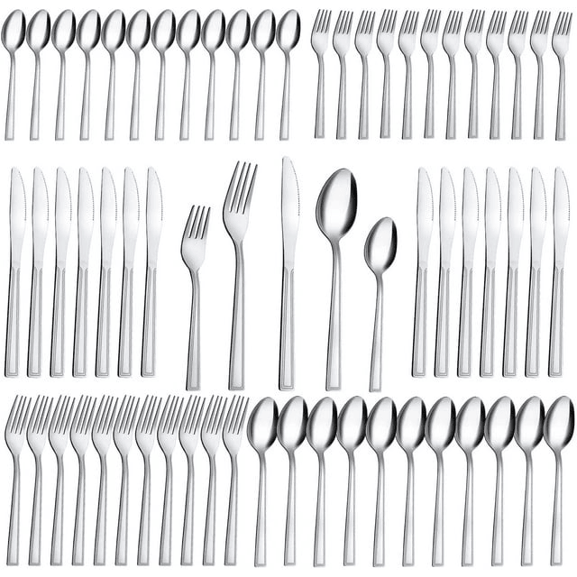 Bestdin Silverware Set for 12, 60 Pieces Stainless Steel Flatware Set, Include Fork Knife Spoon Set, Mirror Polished, Dishwasher Safe, Square Tableware Cutlery Set for Home Kitchen Restaurant
