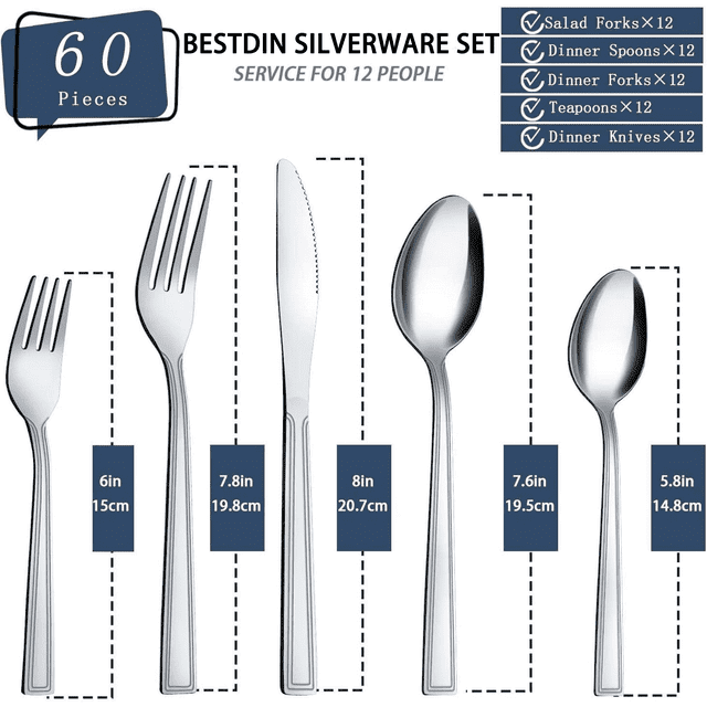 Bestdin Silverware Set for 12, 60 Pieces Stainless Steel Flatware Set, Include Fork Knife Spoon Set, Mirror Polished, Dishwasher Safe, Square Tableware Cutlery Set for Home Kitchen Restaurant