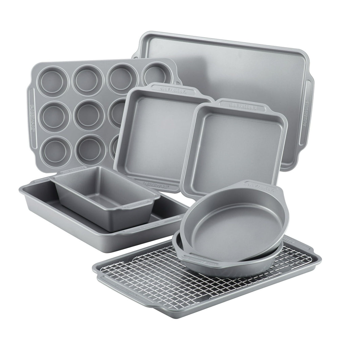 10-Piece Nonstick Bakeware Set – Gray with Cooling Rack