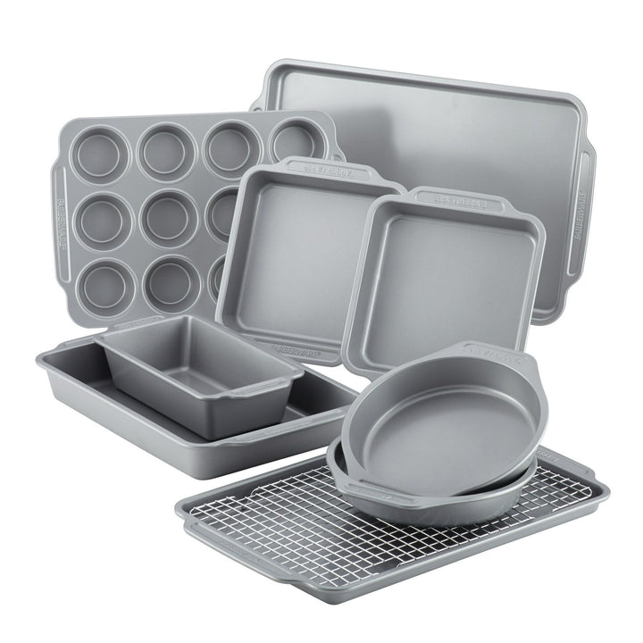 10-Piece Nonstick Bakeware Set – Gray with Cooling Rack