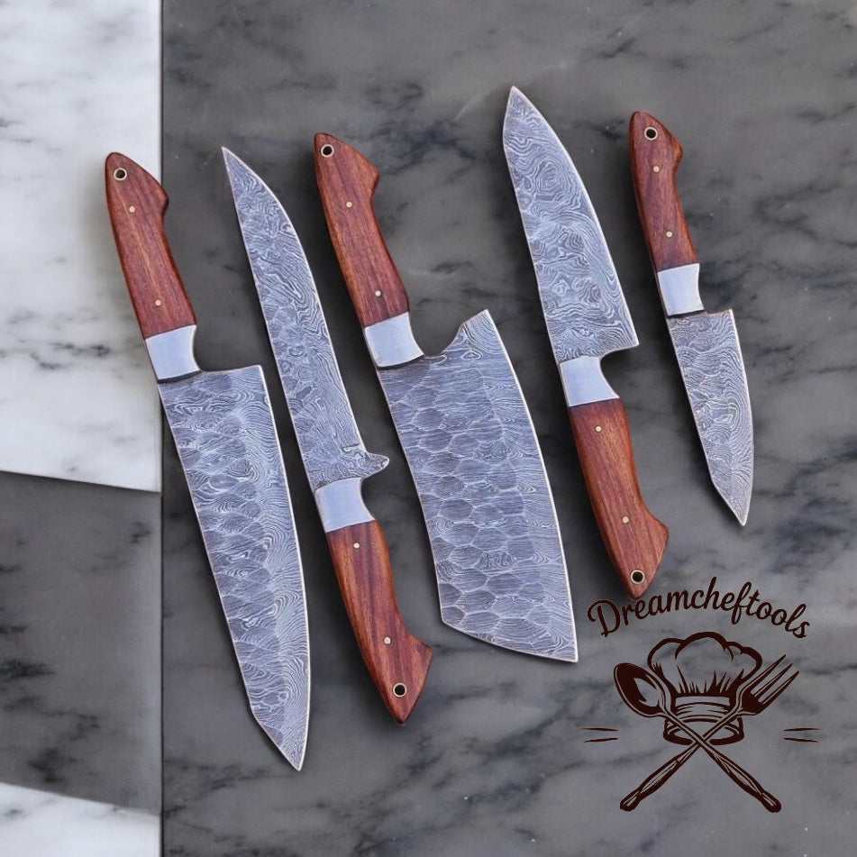 13” Damascus Chef Knife – Handmade, Rosewood Handle & Leather Sheath