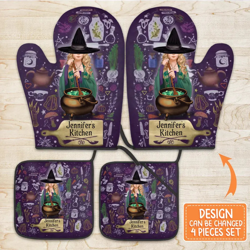 Personalized Witch Heat Resistant Oven Mitts With Pot Holders - Gift Idea for Witch Lover