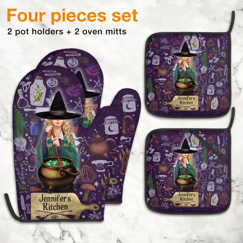 Personalized Witch Heat Resistant Oven Mitts With Pot Holders - Gift Idea for Witch Lover
