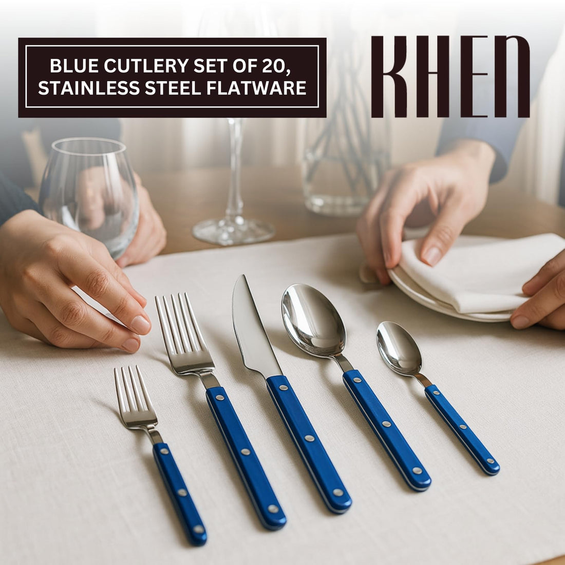 Khen Blue Cutlery Set of 20 –18/8 Stainless Steel Flatware