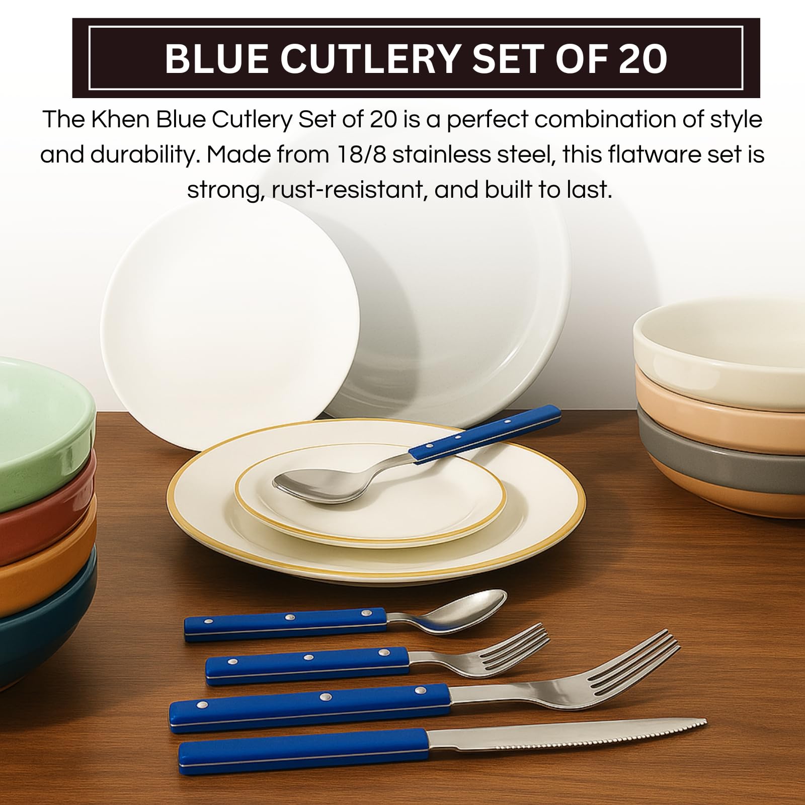 Khen Blue Cutlery Set of 20 –18/8 Stainless Steel Flatware