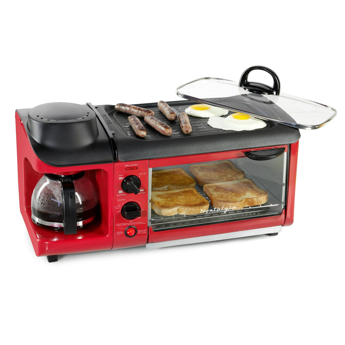 Retro 3-in-1 Breakfast Station – Coffeemaker, Griddle, Toaster Oven, Red