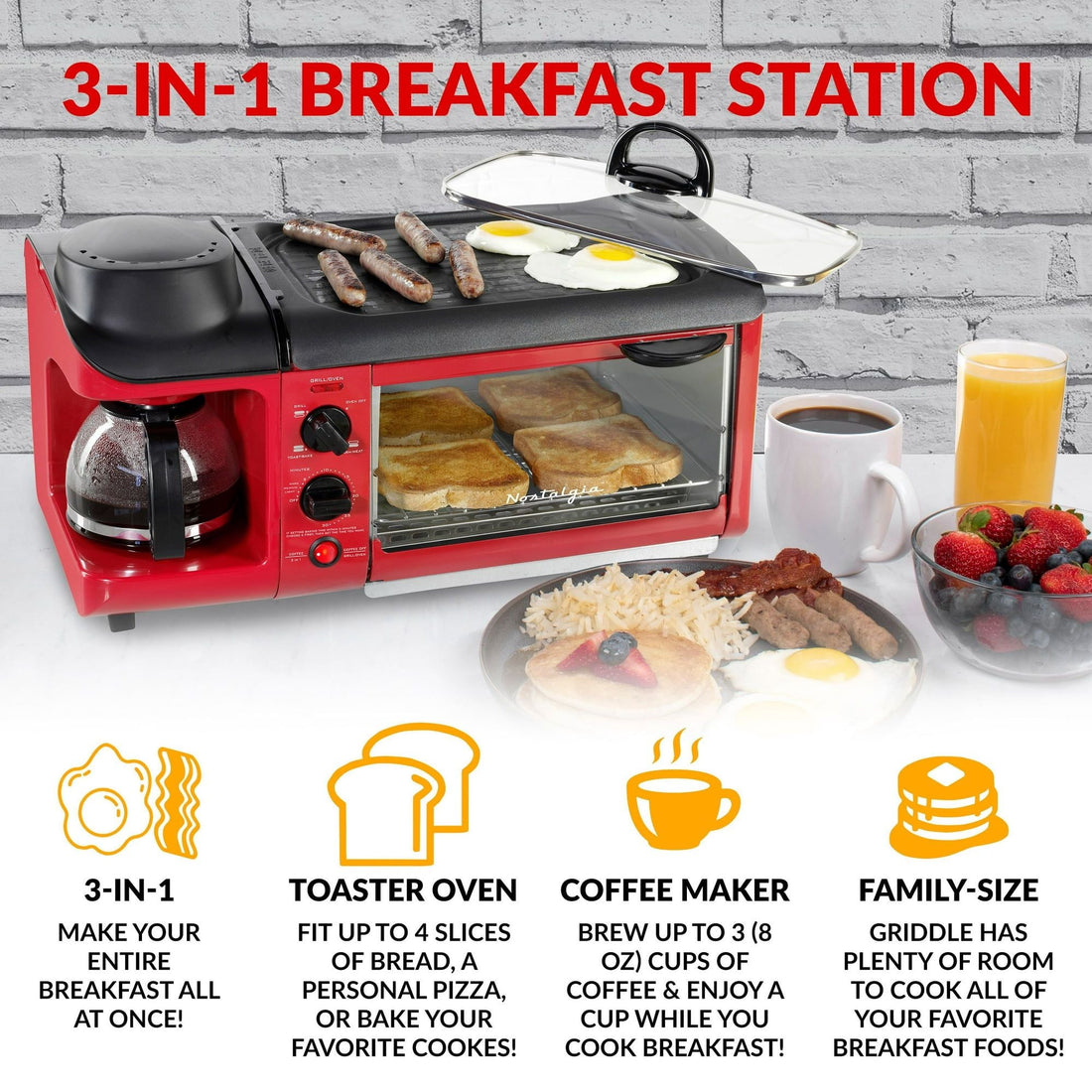 Retro 3-in-1 Breakfast Station – Coffeemaker, Griddle, Toaster Oven, Red