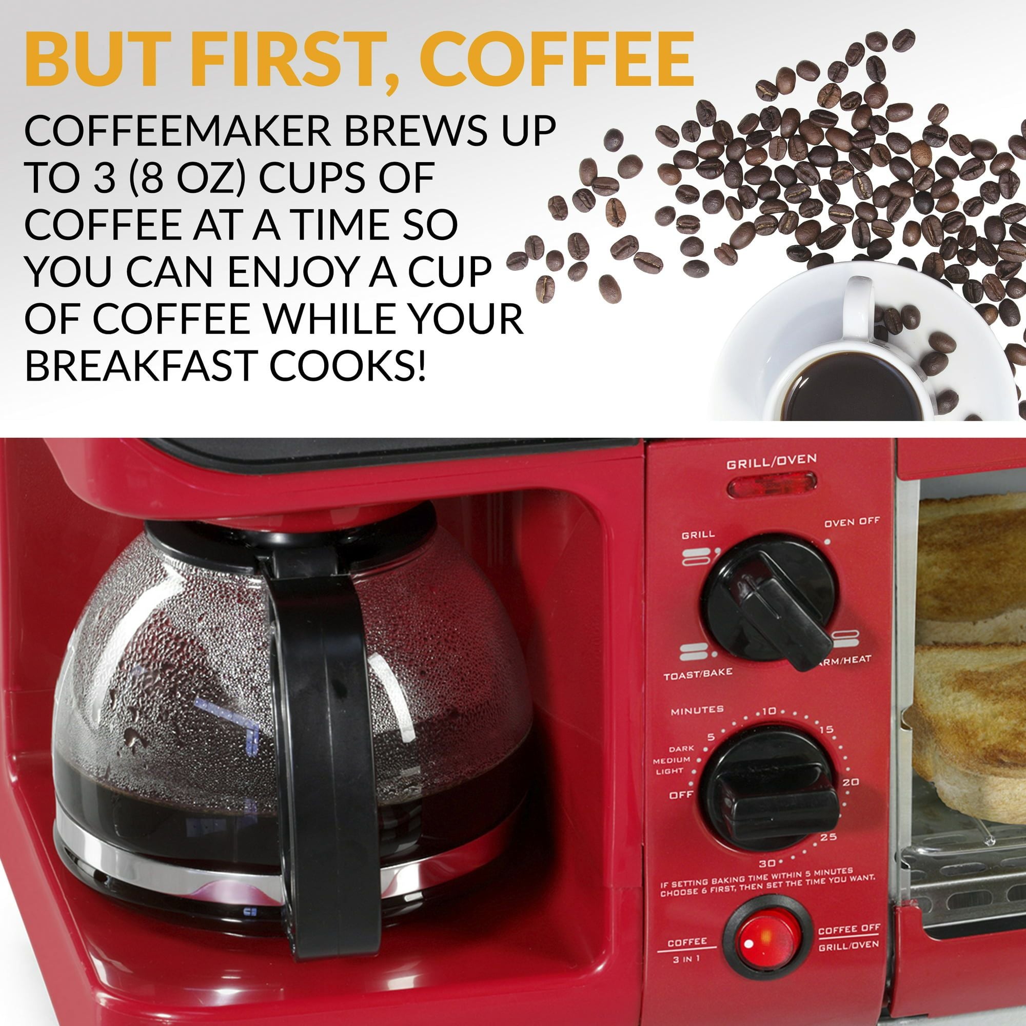 Retro 3-in-1 Breakfast Station – Coffeemaker, Griddle, Toaster Oven, Red