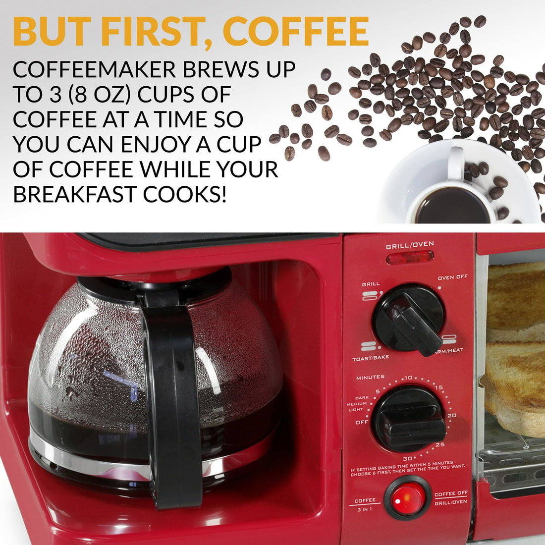 Retro 3-in-1 Breakfast Station – Coffeemaker, Griddle, Toaster Oven, Red