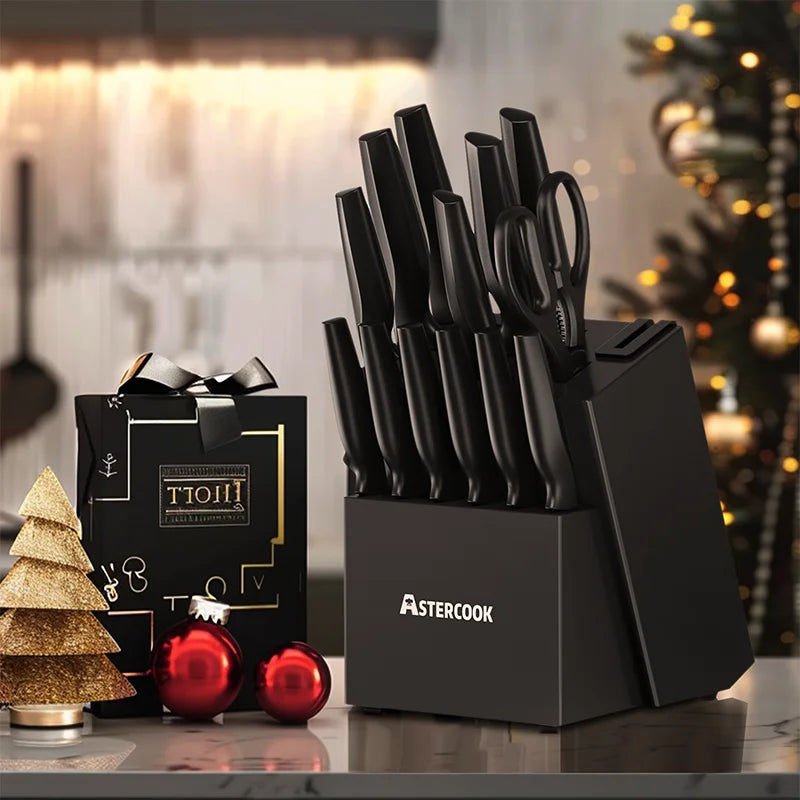 15-Piece German Stainless Steel Knife Set – Block & Built-in Sharpener