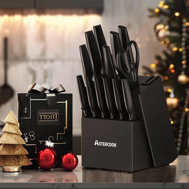 15-Piece German Stainless Steel Knife Set – Block & Built-in Sharpener