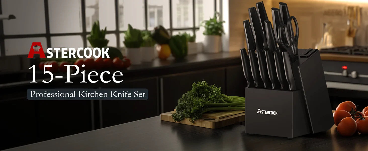15-Piece German Stainless Steel Knife Set – Block & Built-in Sharpener