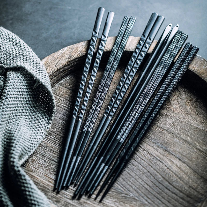 DecorBites™ Japanese Style Black Alloy Chopsticks - 10 Pairs | Anti-Slip, Moisture-Proof, High Temperature Tableware