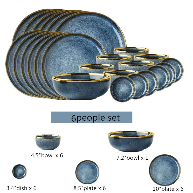 DecorBites™ Blue Gradient Ceramic Plate Set - Elegant Dinner & Dessert Plates, Salad Soup Bowl - Luxury Tableware