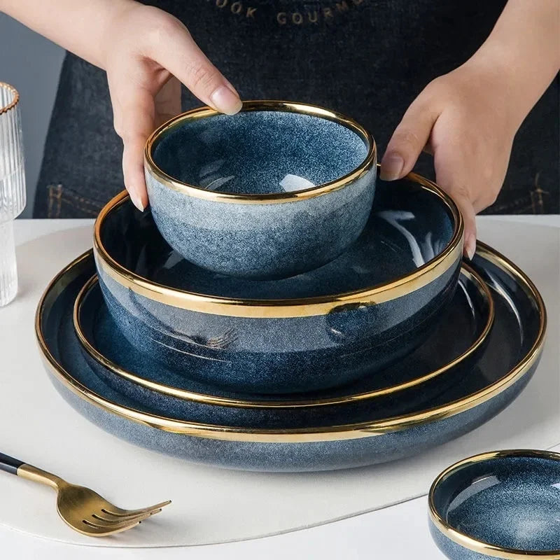 DecorBites™ Blue Gradient Ceramic Plate Set - Elegant Dinner & Dessert Plates, Salad Soup Bowl - Luxury Tableware