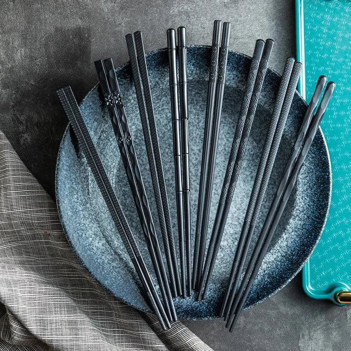 DecorBites™ Japanese Style Black Alloy Chopsticks - 10 Pairs | Anti-Slip, Moisture-Proof, High Temperature Tableware