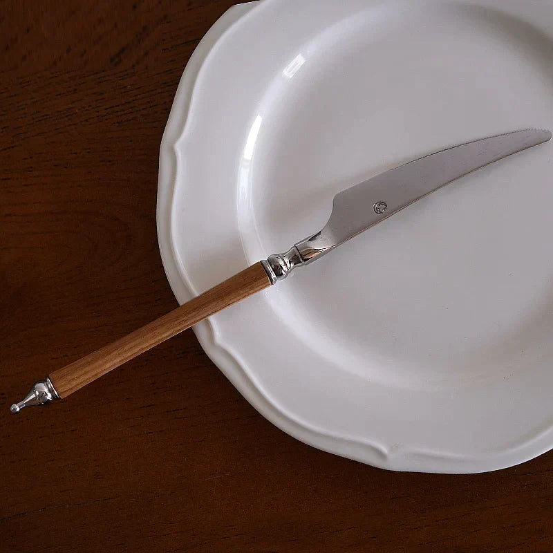 DecorBites™ 5-Piece Stainless Steel Western Tableware Set, Solid Wood Handle, Natural Yellow