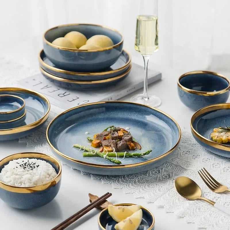 DecorBites™ Blue Gradient Ceramic Plate Set - Elegant Dinner & Dessert Plates, Salad Soup Bowl - Luxury Tableware