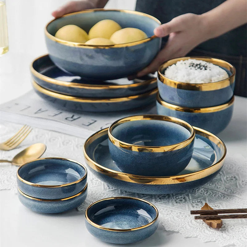 DecorBites™ Blue Gradient Ceramic Plate Set - Elegant Dinner & Dessert Plates, Salad Soup Bowl - Luxury Tableware