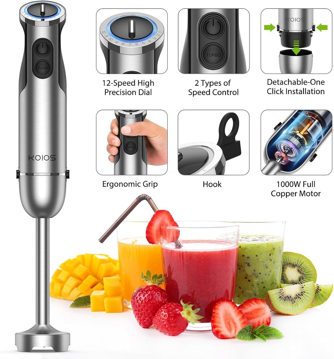 5-in-1 Hand Blender – Stainless Steel, 12-Speed Turbo
