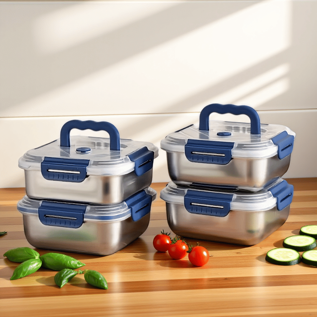 Stainless Steel Food Storage Containers – Blue Lids, Airtight