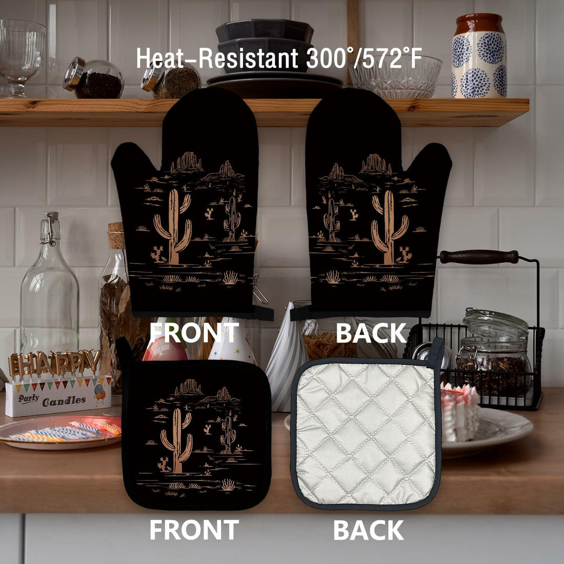 Qeheb Blue Western Cactus Oven Mitts and Pot Holders Set Kitchen Decor