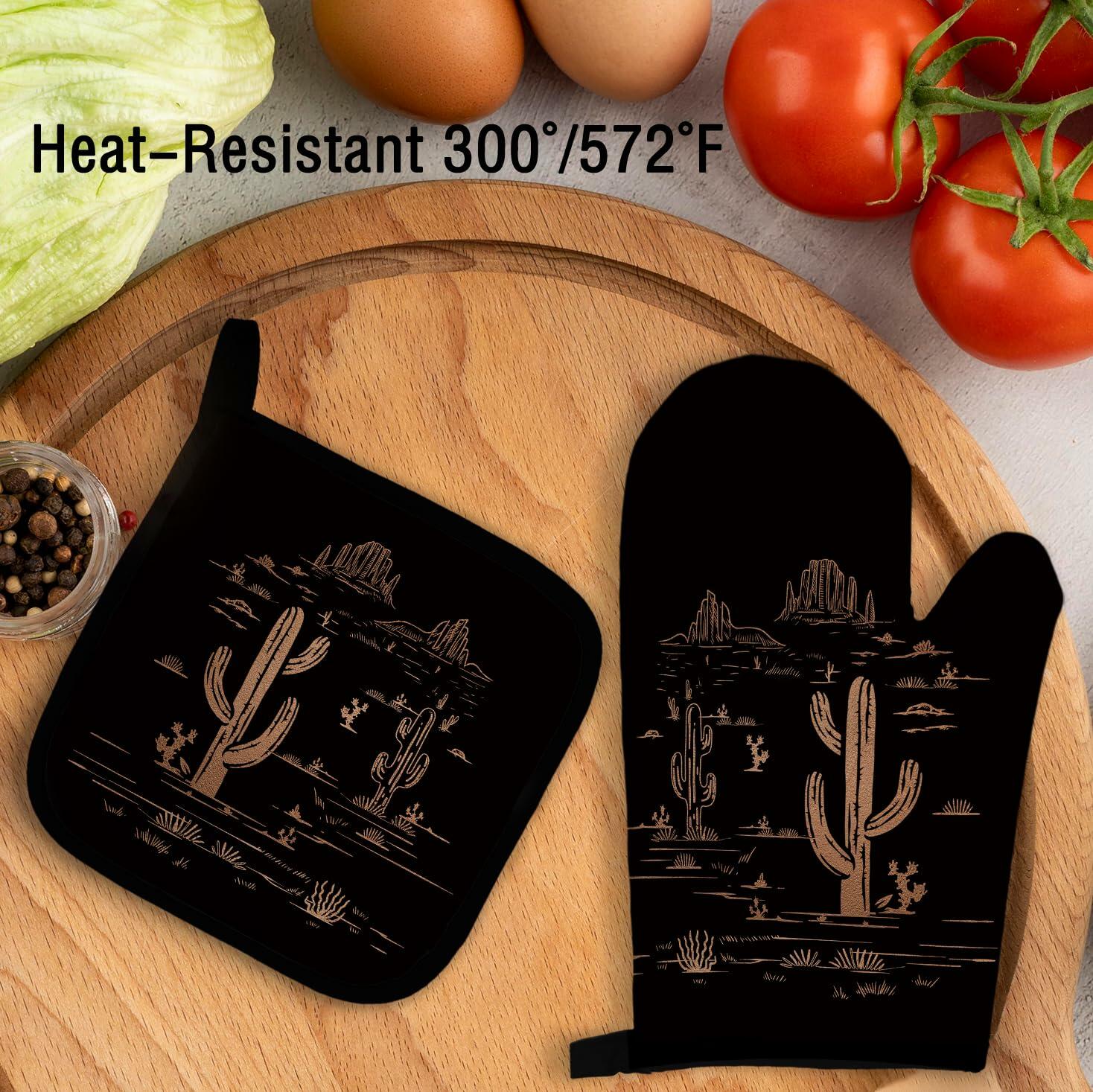 Qeheb Blue Western Cactus Oven Mitts and Pot Holders Set Kitchen Decor