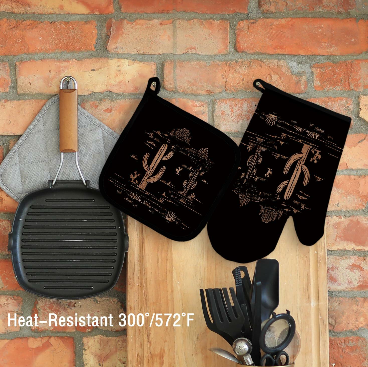 Qeheb Blue Western Cactus Oven Mitts and Pot Holders Set Kitchen Decor
