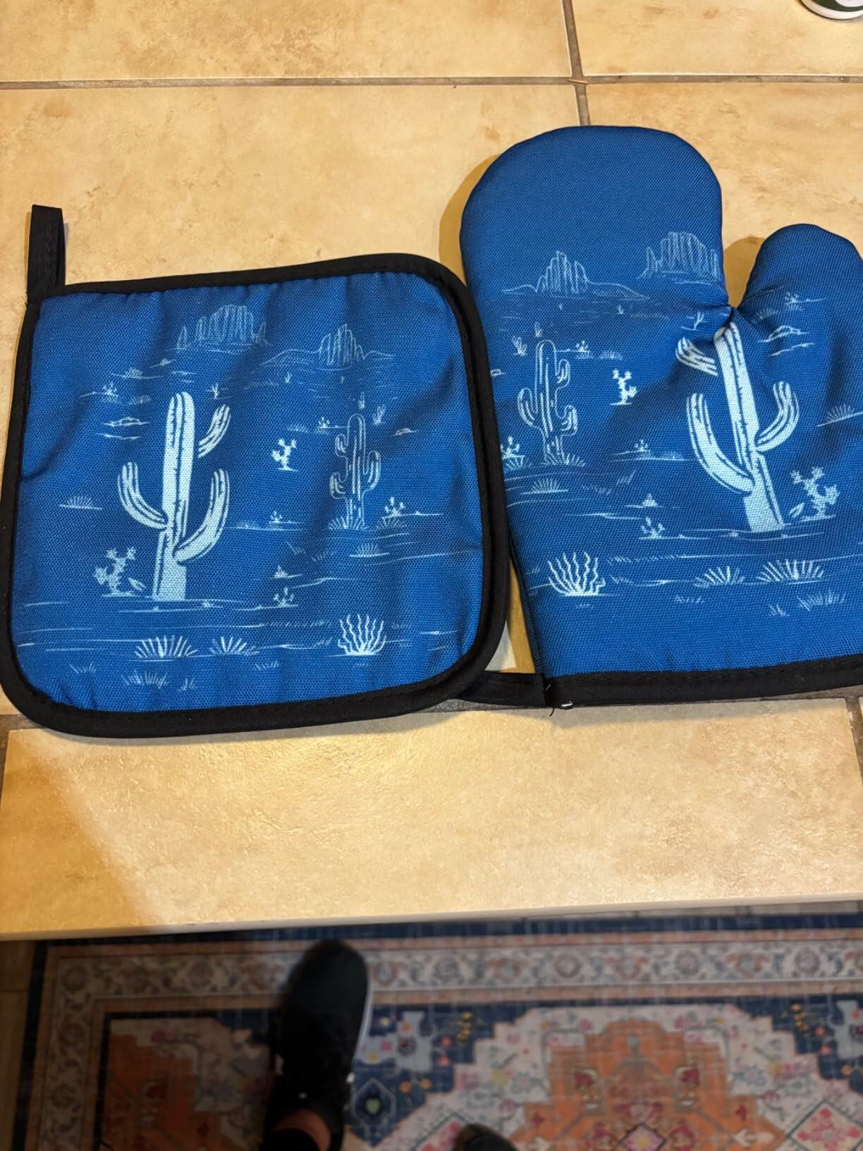 Qeheb Blue Western Cactus Oven Mitts and Pot Holders Set Kitchen Decor