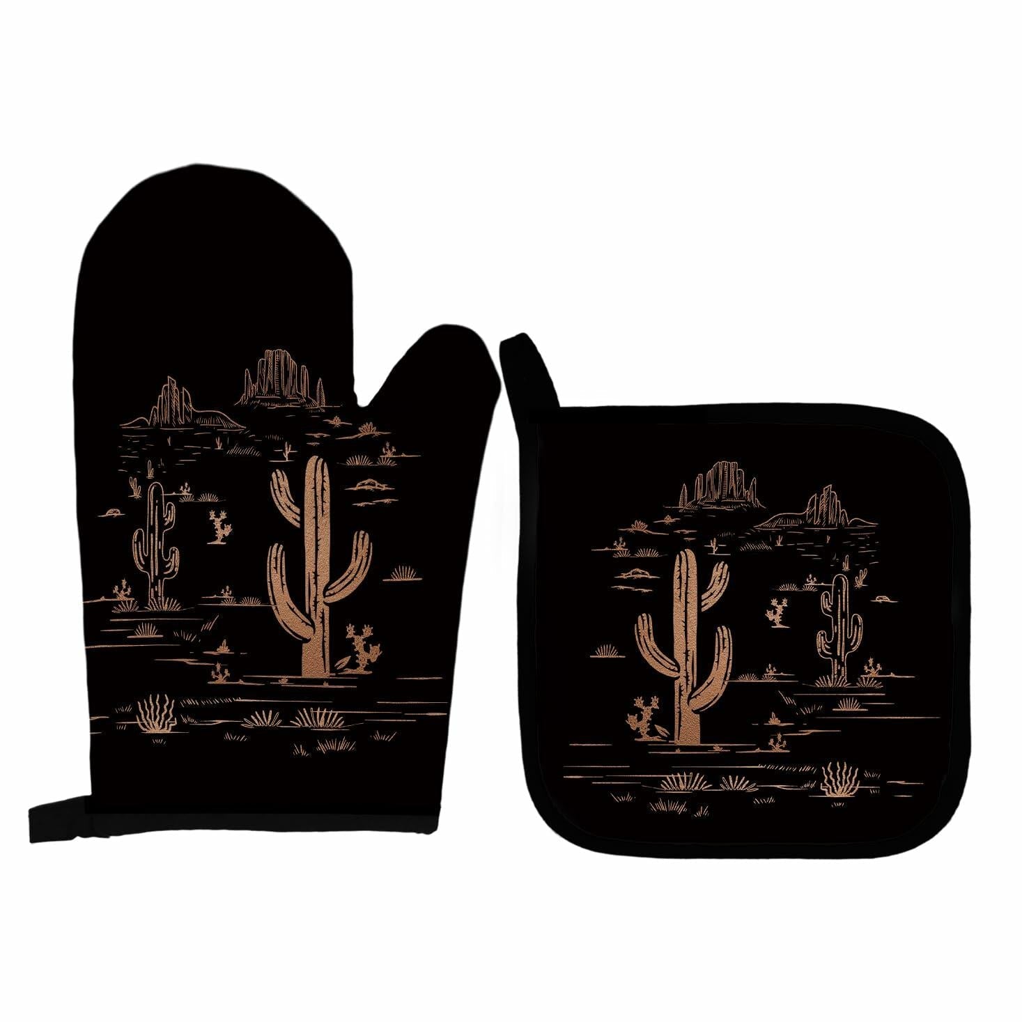 Qeheb Blue Western Cactus Oven Mitts and Pot Holders Set Kitchen Decor