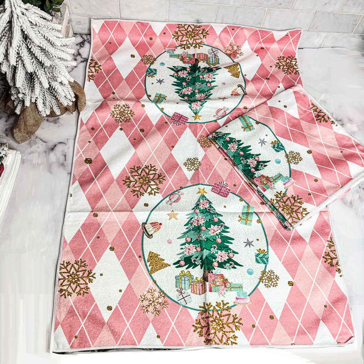 Pink Christmas Dish Towels Set - Absorbent Quick-Dry Cotton Kitchen Towels