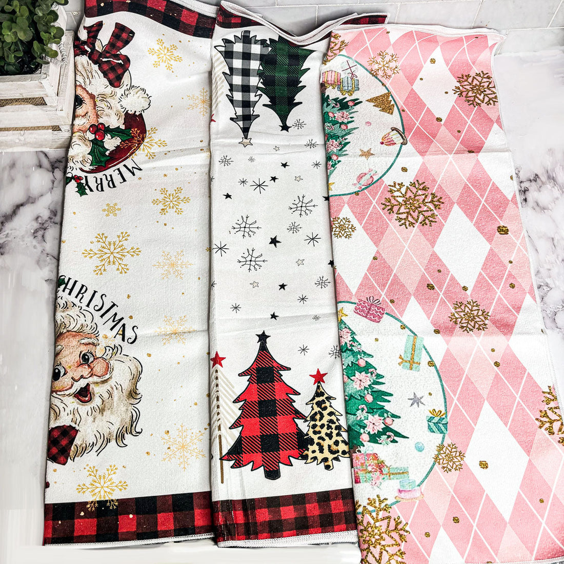 Pink Christmas Dish Towels Set - Absorbent Quick-Dry Cotton Kitchen Towels