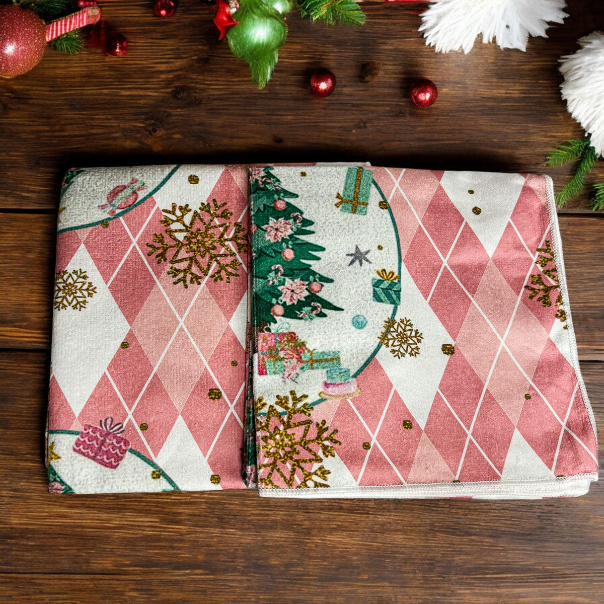 Pink Christmas Dish Towels Set - Absorbent Quick-Dry Cotton Kitchen Towels