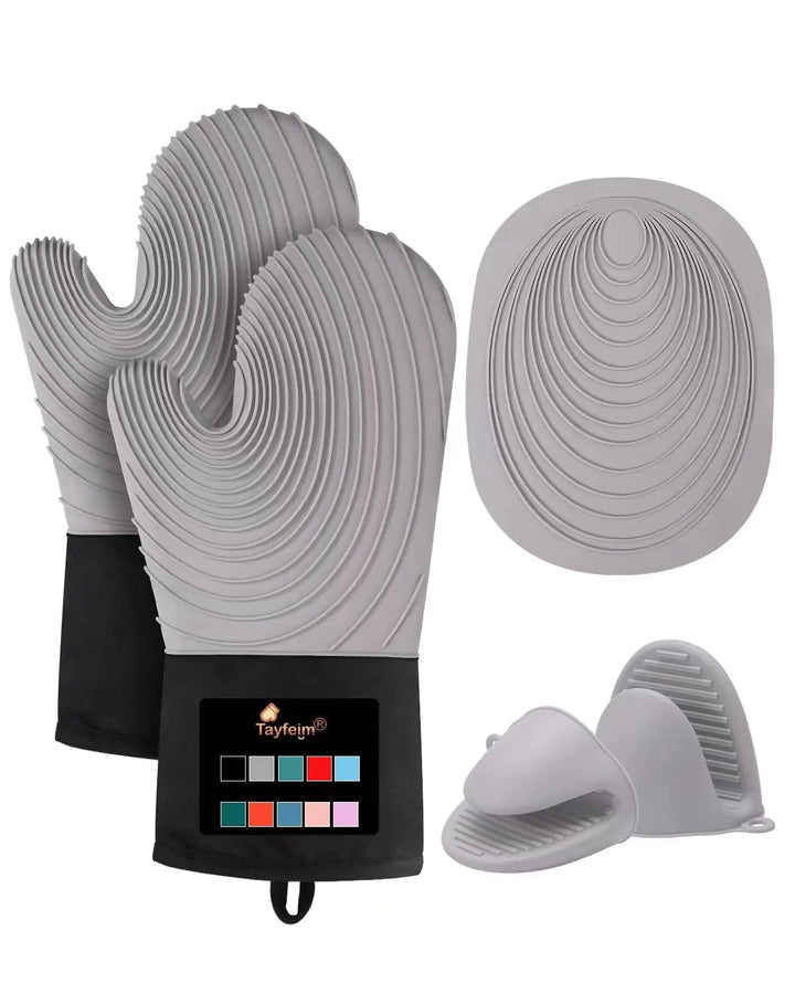 5Pcs Oven Mitts and Pot Holders 500°F High Heat Resistant Silicone Kitchen Oven Mitts Waterproof Non-Slip Easy to Clean Cotton Lined Oven Gloves BPA-Free Oven Mits Set for Baking and Cooking