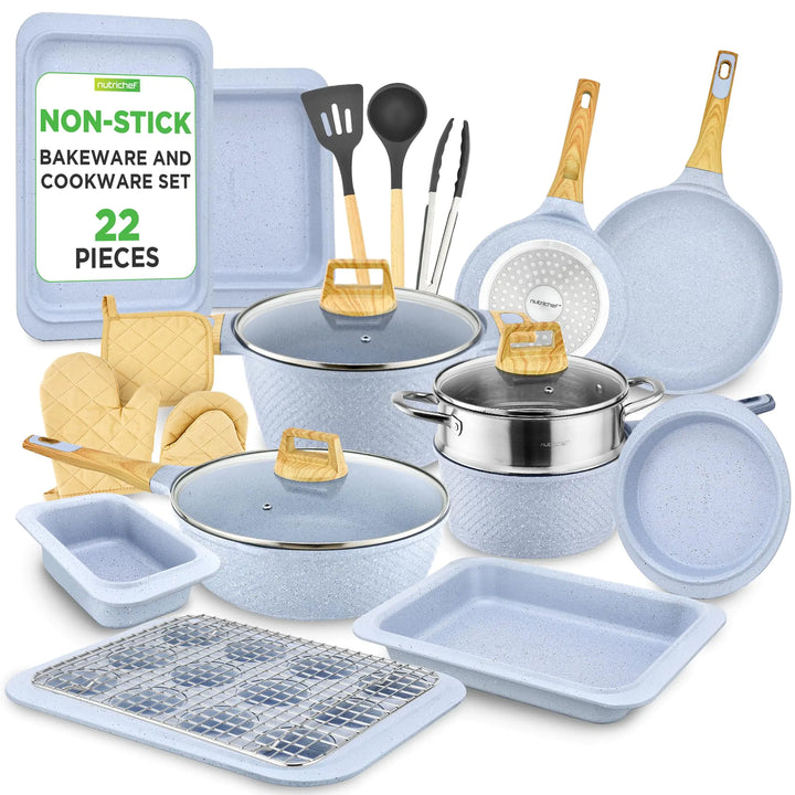 Nutrichef 22-Piece Cookware & Bakeware Set – Moon Grey Marble